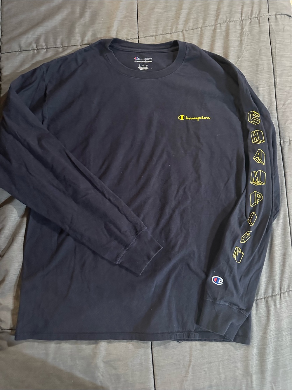 Champion Black Long-Sleeve Tee with Yellow Logo and Sleeve Script